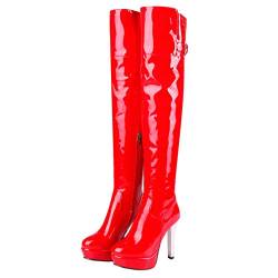 MISSUIT Damen Lack Plateau Overknee Stiefel High Heels Stiefel Stiletto Reißverschluss Schnallen Herbst Winter Boots(Rot,39) von MISSUIT
