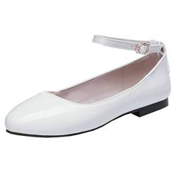 MISSUIT Damen Lack Pumps Riemchen Flach Ballerina Mary Jane Sommer Schuhe(Weiß,44) von MISSUIT