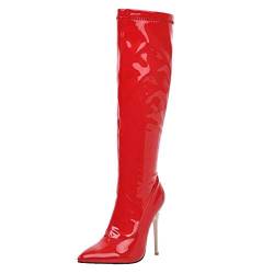 MISSUIT Damen Lackstiefel Kniehoch Spitze High Heels Stiefel Stiletto Knee High Boots Reißverschluss Langschaft Winterstiefel(Rot,46) von MISSUIT