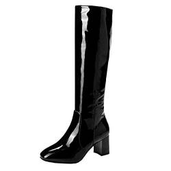 MISSUIT Damen Langschaftstiefel Blockabsatz Lackstiefel High Heels Kniehohe Stiefel mit Reißverschluss High Knee Stiefel(Schwarz,43) von MISSUIT