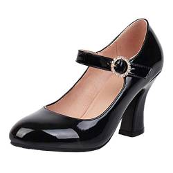 MISSUIT Damen Mary Jane Lack High Heels Pumps mit Riemchen und Blockabsatz(Schwarz,39) von MISSUIT