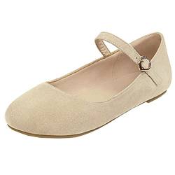 MISSUIT Damen Mary Jane Pumps Riemchen Flach Geschlossene Ballerinas Sommer Schuhe(Beige,36) von MISSUIT