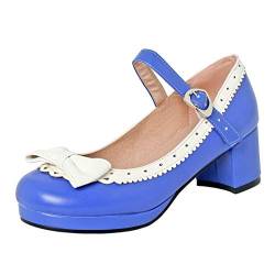 MISSUIT Damen Mary Jane Pumps mit Blockabsatz und Schleife 5cm Absatz Geschlossen Rockabilly Schuhe(Blau,40) von MISSUIT