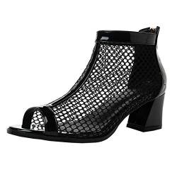 MISSUIT Damen Peeptoe Blockabsatz Sommerstiefeletten mit Reißverschluss Mesh Cut Out Ankle Boots Schuhe(Schwarz,41) von MISSUIT