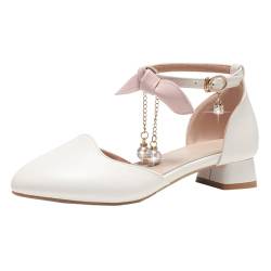 MISSUIT Damen Riemchen Pumps Spitz Flach Ankle Strap Ballerinas Schleife Schuhe(Weiß,40) von MISSUIT