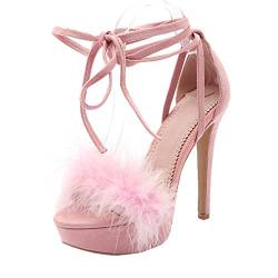 MISSUIT Damen Schnür High Heels Sandaletten Stiletto Plateau Sandalen mit Schnürung und Fell Schuhe(Pink,41) von MISSUIT