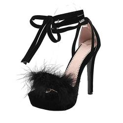 MISSUIT Damen Schnür High Heels Sandaletten Stiletto Plateau Sandalen mit Schnürung und Fell Schuhe(Schwarz,38) von MISSUIT