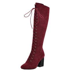 MISSUIT Damen Schnür High Heels Stiefel Blockabsatz Kniehohe Stiefel Reißverschluss Hohe High Knee Stiefel Winterboots(Weinrot,42) von MISSUIT