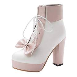 MISSUIT Damen Schnürstiefeletten High Heels Plateau Ankle Boots mit Schnürung und Blockabsatz Schleife Schuhe(Pink,38) von MISSUIT