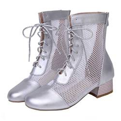 MISSUIT Damen Sommerstiefeletten Mesh Blockabsatz Stiefeletten mit Schnürung Cut Out Schuhe(Silber,39) von MISSUIT