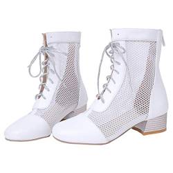 MISSUIT Damen Sommerstiefeletten Mesh Blockabsatz Stiefeletten mit Schnürung Cut Out Schuhe(Weiß,39) von MISSUIT