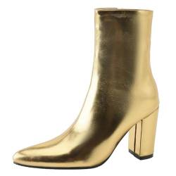 MISSUIT Damen Stiefeletten Metallic Blockabsatz Ankle Boots Spitz High Heels Glitzer Reißverschluss Schuhe(Gold,43) von MISSUIT