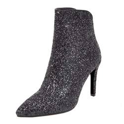 MISSUIT Damen Stiletto Glitzer Stiefeletten High Heels mit Reißverschluss Hinten und Pailletten Spitze Ankle Boots Hochzeitsschuhe(Schwarz1,41) von MISSUIT