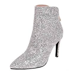 MISSUIT Damen Stiletto Glitzer Stiefeletten High Heels mit Reißverschluss Hinten und Pailletten Spitze Ankle Boots Hochzeitsschuhe(Silber,38) von MISSUIT