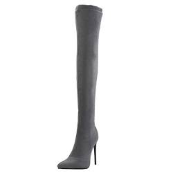 MISSUIT Damen Stiletto Overknee Stiefel High Heels Spitz 12cm Absatz Boots Reißverschluss(Grau,44) von MISSUIT
