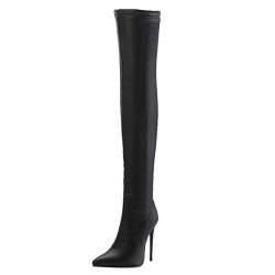 MISSUIT Damen Stiletto Overknee Stiefel High Heels Spitz 12cm Absatz Boots Reißverschluss(Schwarz-2,44) von MISSUIT