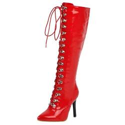 MISSUIT Damen Stiletto Stiefel Kniehoch Lack High Heels Stiefel mit Schnürung und Reißverschluss Langschaftstiefel Spitz(Rot,37) von MISSUIT