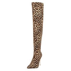 MISSUIT Damen Stretch Overknee Langschaft Stiefel Stiletto High Heels Boots Spitz über Knie Stiefel Winter Schlupfstiefel(Leopardenmuster,38) von MISSUIT