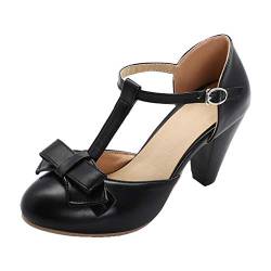 MISSUIT Damen T Steg High Heels Pumps Blockabsatz mit Riemchen und Schleife Rockabilly Schuhe(Schwarz,41) von MISSUIT