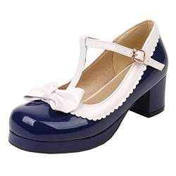 MISSUIT Damen T-spangen Mary Jane Plateau Pumps mit Blockabsatz und Riemchen Lack Schleife Geschlossen Rockabilly Schuhe(Blau2,44) von MISSUIT