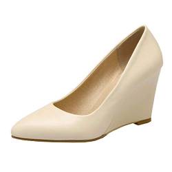 MISSUIT Damen Wedges Pumps Spitz Keilabsatz High Heels Ohne Verschluss Büro Schuhe(Beige,34) von MISSUIT