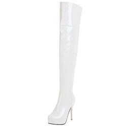 MISSUIT High Heels Overknee Stiefel Lack Plateau Stiletto Boots(Weiß,EU46) von MISSUIT