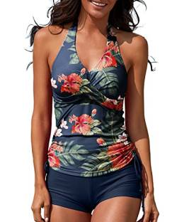 MISSVOG Zweiteiliger Tankini-Badeanzug für Damen, gepolstert, verstellbarer Kordelzug, mit Boyshorts, Marineblaue Blume, Large von MISSVOG