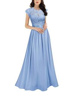MIUSOL Damen Elegant Ärmellos Rundhals Vintage Spitzenkleid Hochzeit Chiffon Faltenrock Langes Kleid Hellblau Gr.2XL von MIUSOL