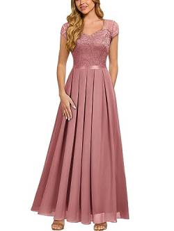 MIUSOL Damen Kurzarm V-Ausschnitt Spitzen Chiffon Cocktail Kleider Brautjungfer Party Langes Abendkleid（Dunkelrosa，Gr.XXL） von MIUSOL