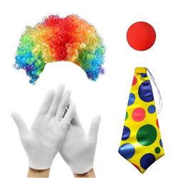 MIVAIUN 4 Stück Clown Kostüm Set Clown Kostüm Accessoire Clown Verkleiden Regenbogen Clown Lockenperücke Clown Nase Handschuhe Bunte Krawatte für Halloween Cosplay Party Karneval Zirkusshow (4 Stück) von MIVAIUN