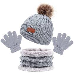 MIVAIUN Grau 3 Stück Kinder Wintermütze Schal Handschuhe Set Jungen Winter Wärme Crochet Thickened Toddler Schal Warme Mütze Weiche Wolle Futter Elastisch Größe 3-8 Jahre Jungen (3-8 Jahre) von MIVAIUN