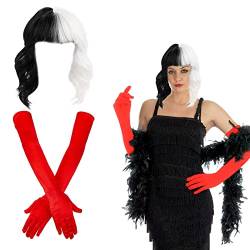 MIVAIUN Kurze Schwarz weiße Perücke mit Rot Handschuhe Halb Schwarz Halb Weiß Perücke Damen, Cruella Kostüm Damen, Halloween Kostüm Damen, 70er Jahre Accessoires, Cosplay Kostüm Party (3 Pcs) von MIVAIUN
