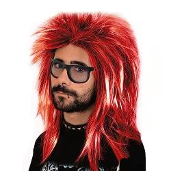 MIVAIUN Perücke Männer Rot Vokuhila 70er 80er Mottoparty Rockstar Bad Taste Party Proll Halloween Kostüm Party Beweig Perücken Party Cosplay Schwarz Rot Perücke Disco Hippie(Rot) von MIVAIUN