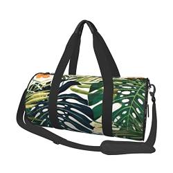 Lässige, große Kapazität, runde Reisetasche, Holzhintergrund, runde Tasche, zylinderförmige Tasche, Tropische Sommer-Hawaii-Blume, Palmenblätter, Einheitsgröße von MIWOIE