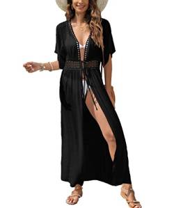 MIXIDON Damen Sommer Bikini Cover Up Maxi Strandkleid Boho Lang Leichte Strickjacke Beachwear Kimono Strand Cardigan, Schwarz, Einheitsgröße von MIXIDON