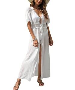 MIXIDON Damen Sommer Bikini Cover Up Maxi Strandkleid Boho Lang Leichte Strickjacke Beachwear Kimono Strand Cardigan, Weiß, XL von MIXIDON