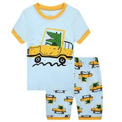 MIXIDON Jungen Schlafanzug Kurz Sommer Feuerwehrauto/Dinosaurier/Bagger Baumwolle Kinder Nachtwäsche Baumwolle Kinder Kurzarm Pyjama von MIXIDON