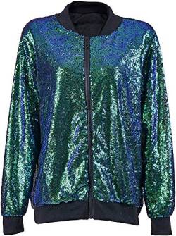 MIXLOT New Women sexy Paillette verzierte Bomber Jacke Festival Clubbing Party Disco 70S Jacke Coat funkeln Sparkle Shiny Lange hülse Damen Top (grüner Pailletten Bomber, 44-46) von MIXLOT