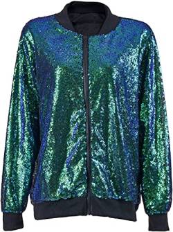 neue Damen sexy Pailletten Bomberjacke Festival Clubbing Party Disco 70er Jahre Jacke Damen Mantel funkeln glänzendes Langarm Top (Grün, 38) von MIXLOT