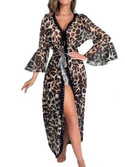 MIYAA Damen Morgenmantel Kimono Bademantel,Satin Kimono Sexy Leopard Robe Spitzenbesatz V-Ausschnitt Weiche Nachtwäsche Langer Bademantel Für Braut Hochzeitsfeier,Leopard,L von MIYAA