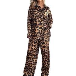 MIYAA Damen Pyjama Satin Schlafanzug Set,Frühling Herbst Frauen Pyjamas EIS Seide Langarm Nachtwäsche Dünne Sexy Leopard Mode Satin Button-Down Pyjamas Set Loungewear,Leopard,L. von MIYAA