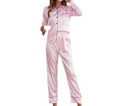 MIYAA Damen Pyjama Satin Schlafanzug Set,Silk Pijamas Women Striped Long Sleeves Set Satin Pyjamas Pjs Loungewear 2 Pces Sommer Nachtwäsche Nightwear,Pink,Xs von MIYAA