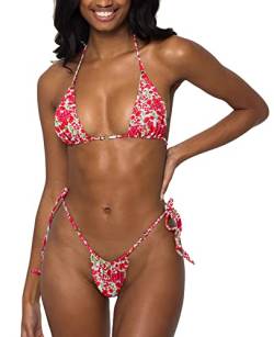 Damen-Bikini-Set mit Neckholder-String, sexy, frech, Zweiteiliger Badeanzug, einfarbig, Bademode, Red Flower, S von MIYOUJ
