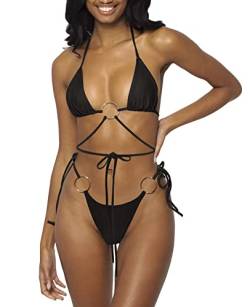 Damen-Bikini-Set mit Neckholder-String, sexy, frech, zweiteiliger Badeanzug, einfarbig, Bademode, Schwarz1, S von MIYOUJ