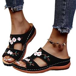 Damen Orthopädische Sandalen Vintage Blumenstickerei Schlappen 2023 Sommer Peep Toe Hausschuhe Keil PU-Leder Pantoffeln Gummi Plateau Pantoffeln Freizeit Strandschuhe ( Color : Black , Size : 39 EU ) von MIYYO