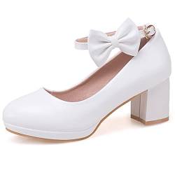 MJIASIAWA Bride Schuhe Hochzeit Closed Toe Bows Blockabsatz Plateau Pumps Mary Jane Beaded Blumes Party Elegant Kleid Schuhe Weiß Gr 36 EU von MJIASIAWA