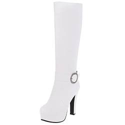 MJIASIAWA Damen Blockabsatz Plateau Riding Mode Boots Hochzeit Kleid Runde Zehen Elegant Reißverschluss Reitstiefel Mit Schnalle Weiß Gr 37 EU/38 Asiatisch von MJIASIAWA