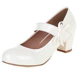 MJIASIAWA Damen Closed Toe Blockabsatz Bows Knöchelriemchen Mary Jane Pumps Hochzeit Glitzer Elegant Kleid Abend Prom Schuhe Weiß Gr 39 EU/40 Asiatisch von MJIASIAWA