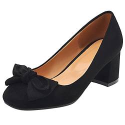 MJIASIAWA Damen Closed Toe Mode Blockabsatz Bows Brautschuhe Ohne Verschluss Mitte Absatz Party Kleid Formal Pumps Abend Schwarz Gr 37 EU/38 Asiatisch von MJIASIAWA