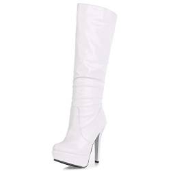 MJIASIAWA Damen Elegant Stiletto Knee Plateau Boots Winter Ohne Verschluss Klassischer Slouch Warm Fell Gefüttert Schneestiefel Kleid Weiß Gr 38 EU/39 Asiatisch von MJIASIAWA